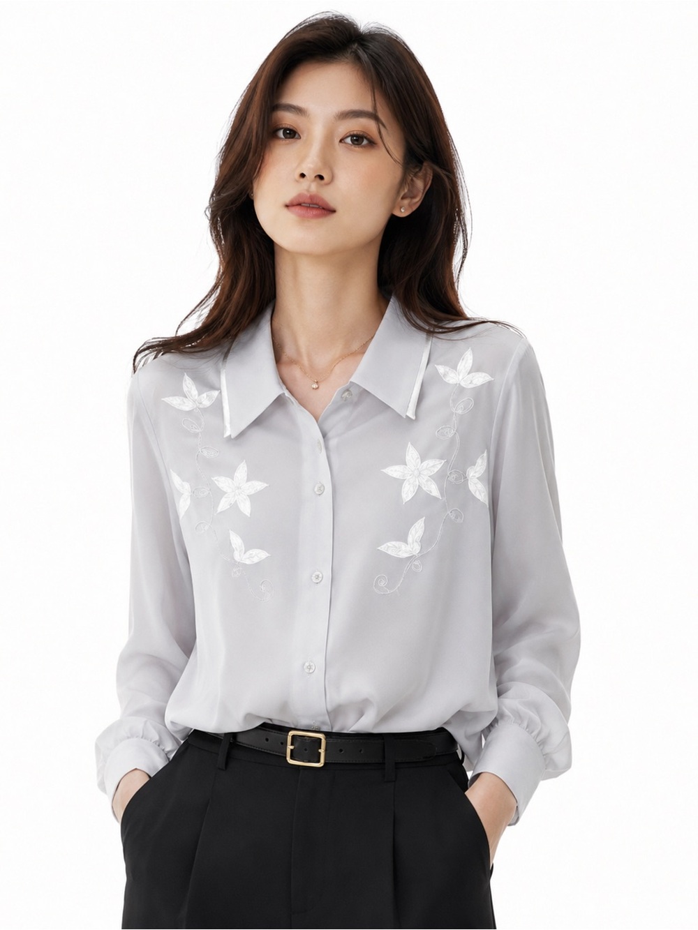 Vintage Sheer Floral Satin Double Collar Blouse Feminine Western Countrycore